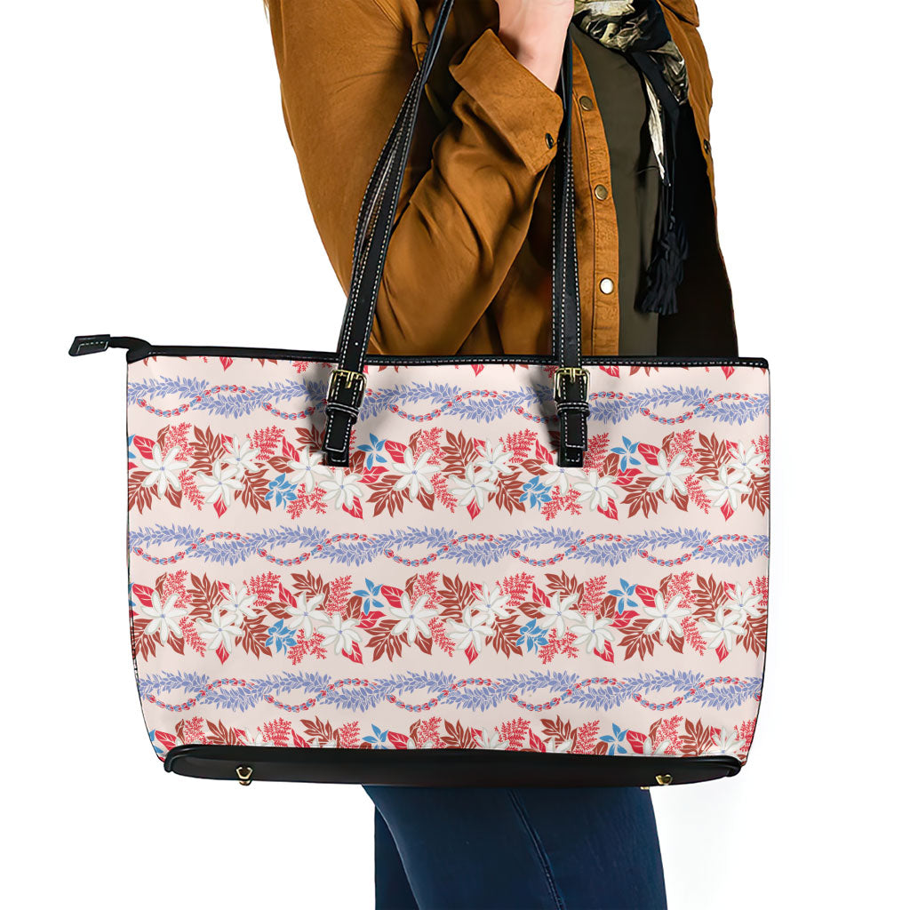 Monstera Tiare Plumeria Lei Pattern Leather Tote Bag Red Version