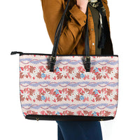Monstera Tiare Plumeria Lei Pattern Leather Tote Bag Red Version