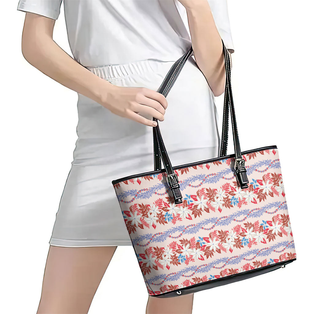 Monstera Tiare Plumeria Lei Pattern Leather Tote Bag Red Version