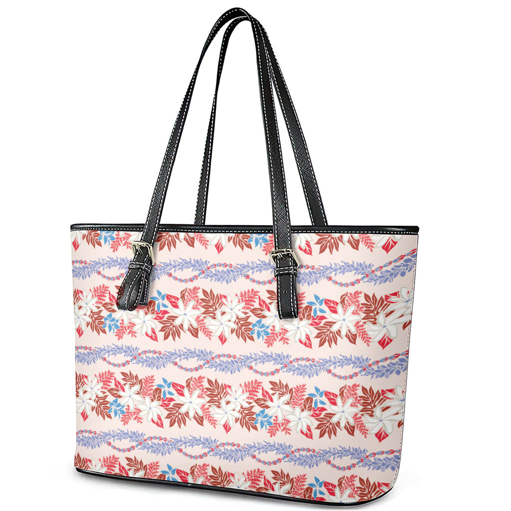 Monstera Tiare Plumeria Lei Pattern Leather Tote Bag Red Version