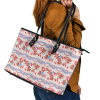 Monstera Tiare Plumeria Lei Pattern Leather Tote Bag Red Version