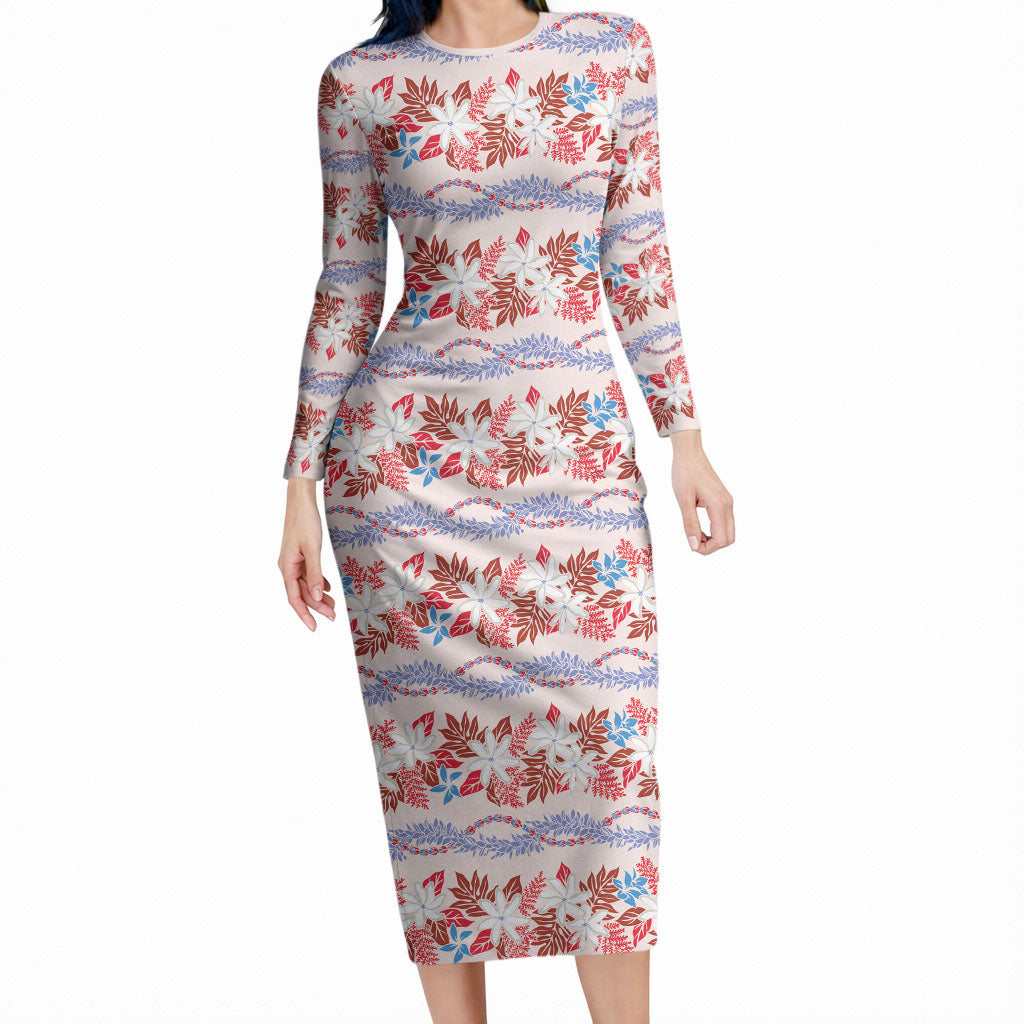 Monstera Tiare Plumeria Lei Pattern Long Sleeve Bodycon Dress Red Version