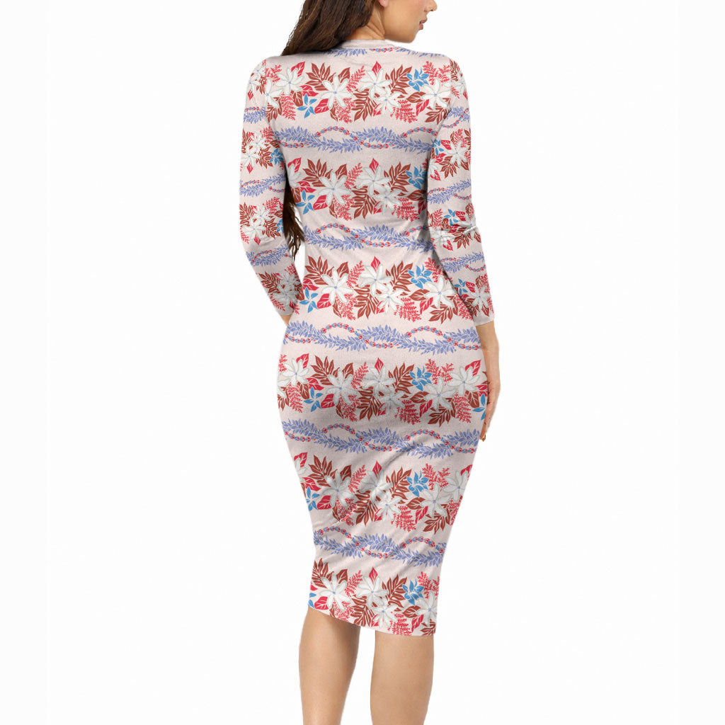 Monstera Tiare Plumeria Lei Pattern Long Sleeve Bodycon Dress Red Version