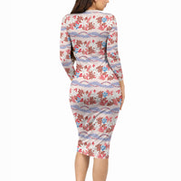 Monstera Tiare Plumeria Lei Pattern Long Sleeve Bodycon Dress Red Version