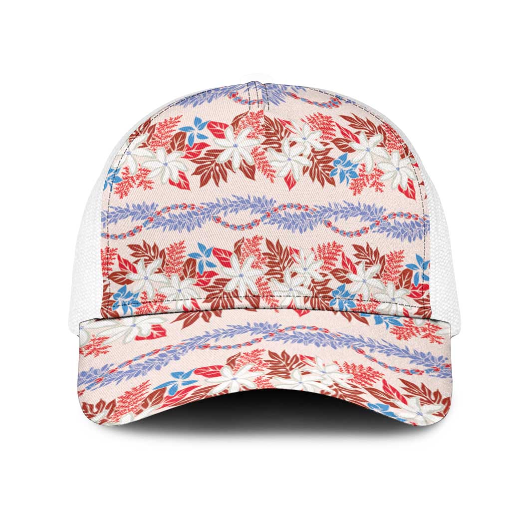 Monstera Tiare Plumeria Lei Pattern Mesh Trucker Cap Red Version