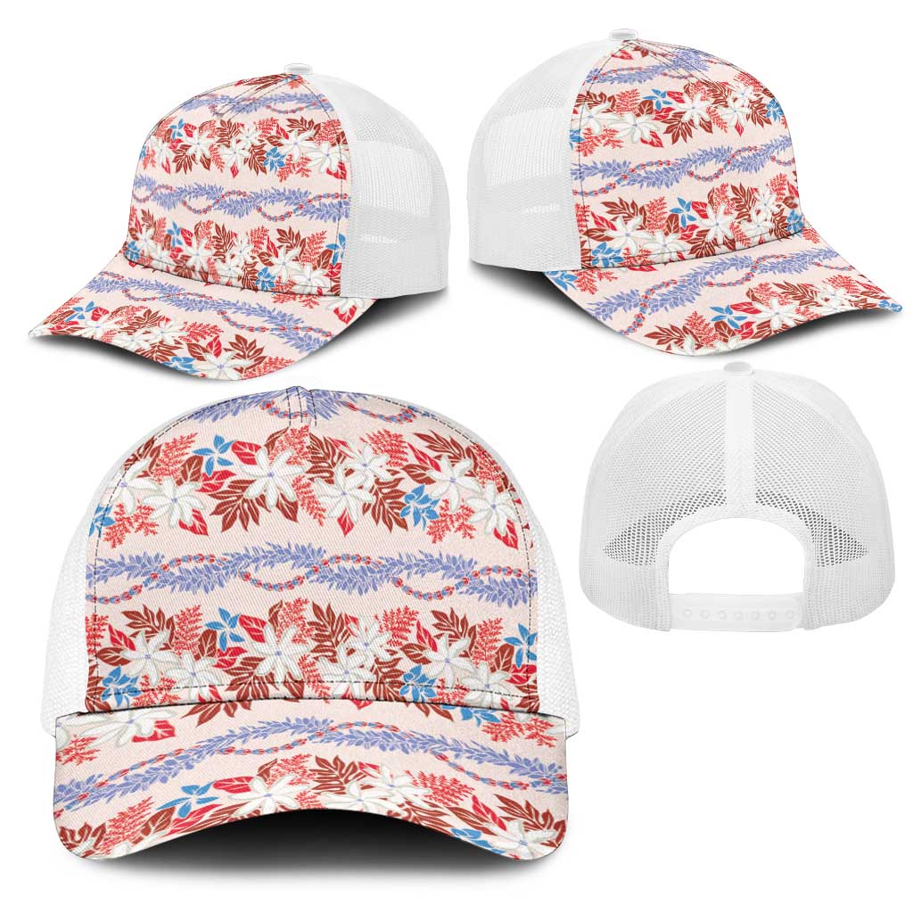 Monstera Tiare Plumeria Lei Pattern Mesh Trucker Cap Red Version
