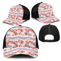 Monstera Tiare Plumeria Lei Pattern Mesh Trucker Cap Red Version