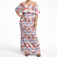 Monstera Tiare Plumeria Lei Pattern Off Shoulder Maxi Dress Red Version LT01 Women Red - Polynesian Pride