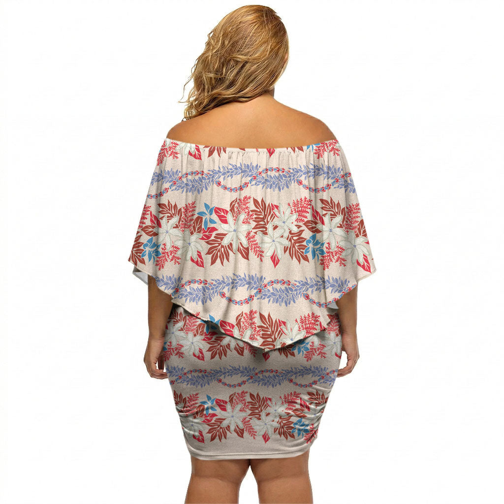 Monstera Tiare Plumeria Lei Pattern Off Shoulder Short Dress Red Version