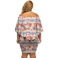 Monstera Tiare Plumeria Lei Pattern Off Shoulder Short Dress Red Version