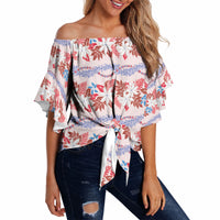 Monstera Tiare Plumeria Lei Pattern Off Shoulder Wrap Waist Top Red Version