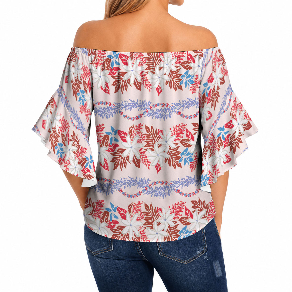 Monstera Tiare Plumeria Lei Pattern Off Shoulder Wrap Waist Top Red Version