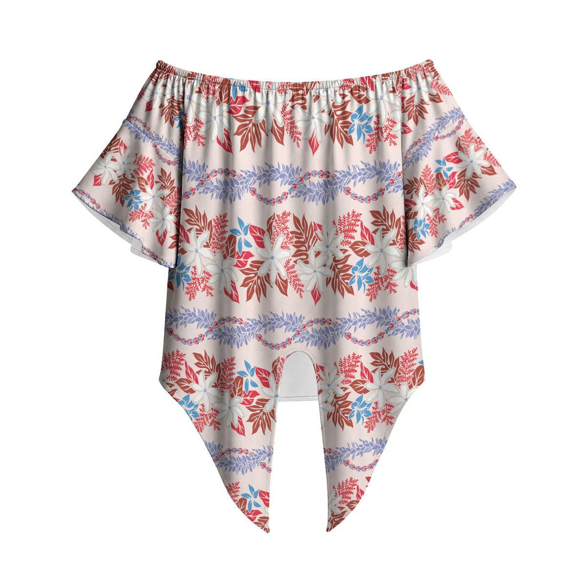 Monstera Tiare Plumeria Lei Pattern Off Shoulder Wrap Waist Top Red Version