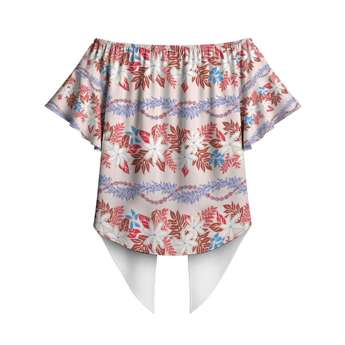 Monstera Tiare Plumeria Lei Pattern Off Shoulder Wrap Waist Top Red Version