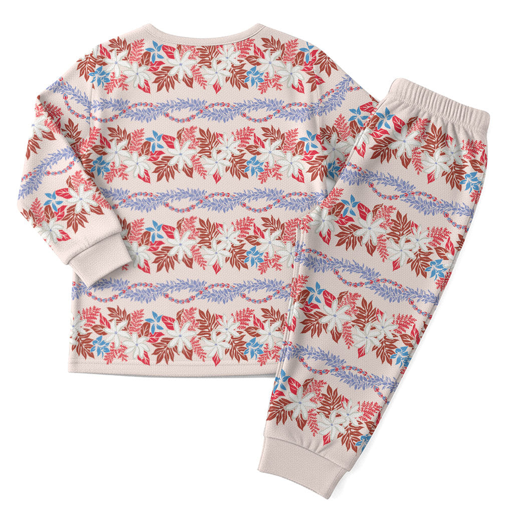 Monstera Tiare Plumeria Lei Pattern Christmas Pajama Set Red Version