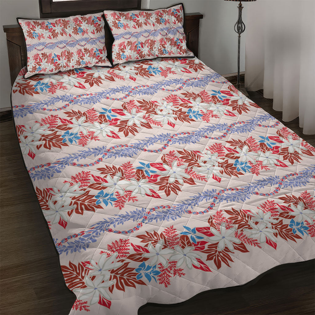 Monstera Tiare Plumeria Lei Pattern Quilt Bed Set Red Version