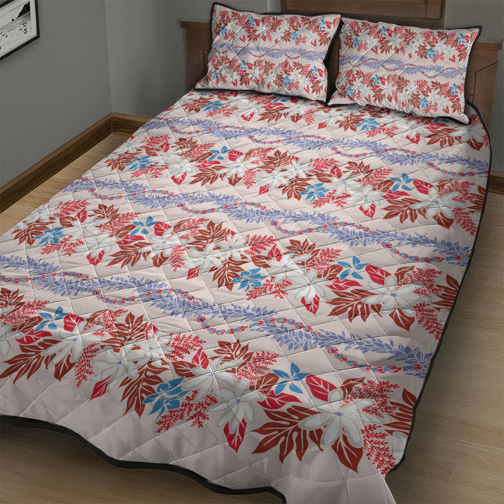 Monstera Tiare Plumeria Lei Pattern Quilt Bed Set Red Version