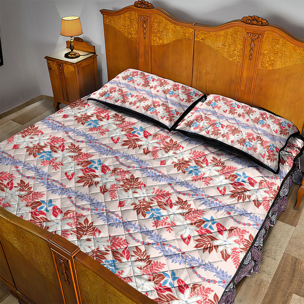 Monstera Tiare Plumeria Lei Pattern Quilt Bed Set Red Version
