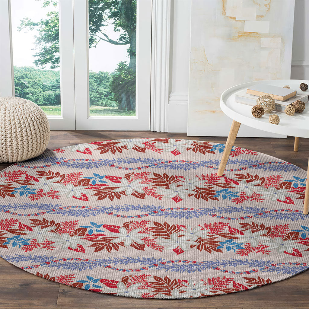 Monstera Tiare Plumeria Lei Pattern Round Carpet Red Version