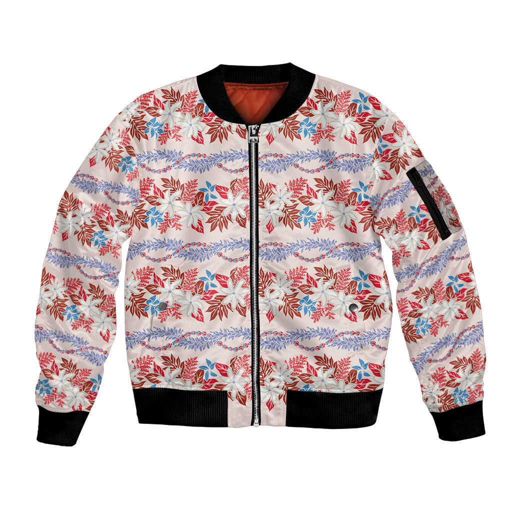 Monstera Tiare Plumeria Lei Pattern Sleeve Zip Bomber Jacket Red Version