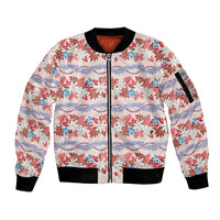 Monstera Tiare Plumeria Lei Pattern Sleeve Zip Bomber Jacket Red Version