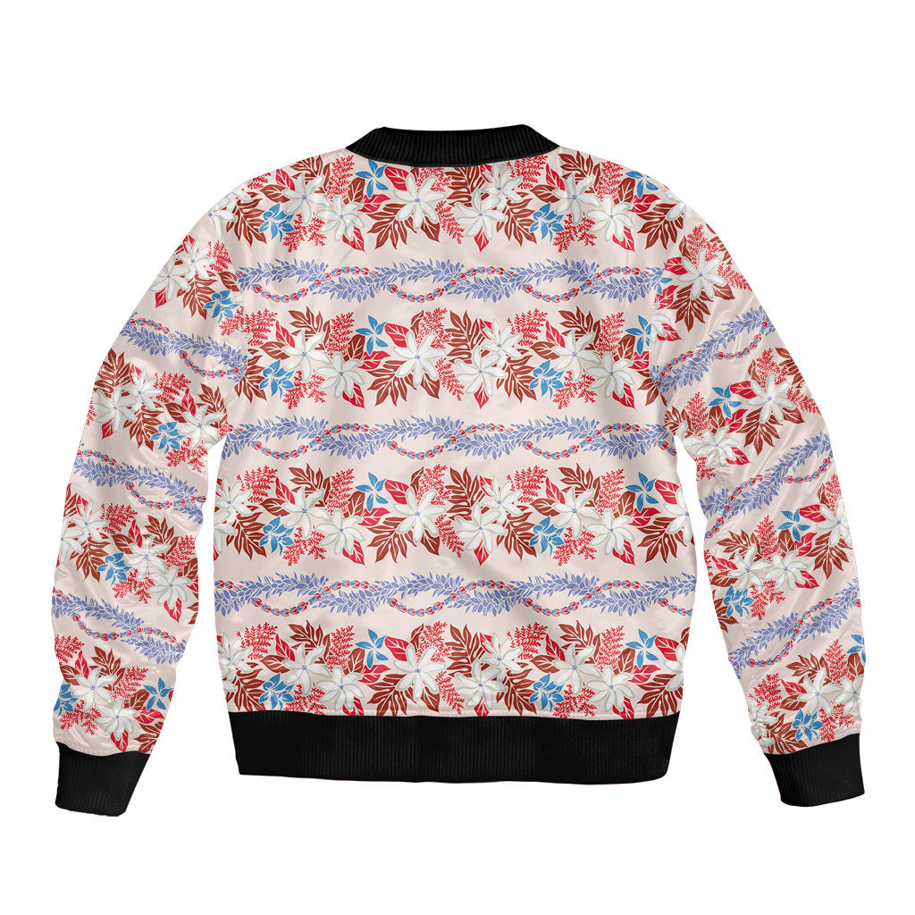 Monstera Tiare Plumeria Lei Pattern Sleeve Zip Bomber Jacket Red Version