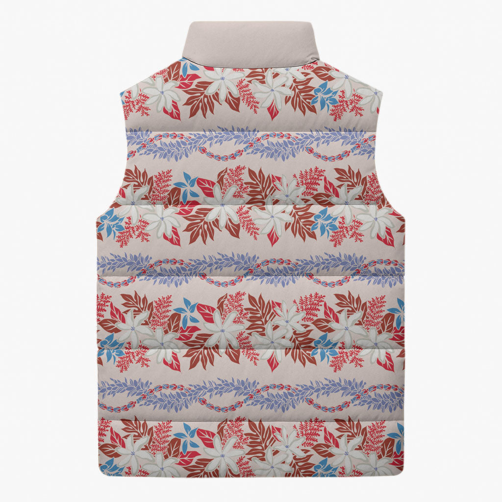 Monstera Tiare Plumeria Lei Pattern Sleeveless Puffer Jacket Red Version
