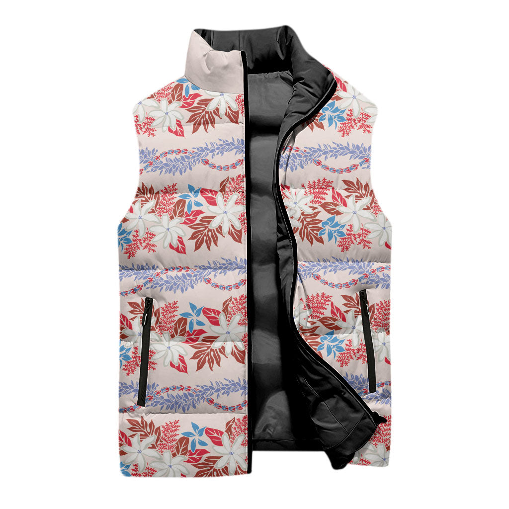 Monstera Tiare Plumeria Lei Pattern Sleeveless Puffer Jacket Red Version