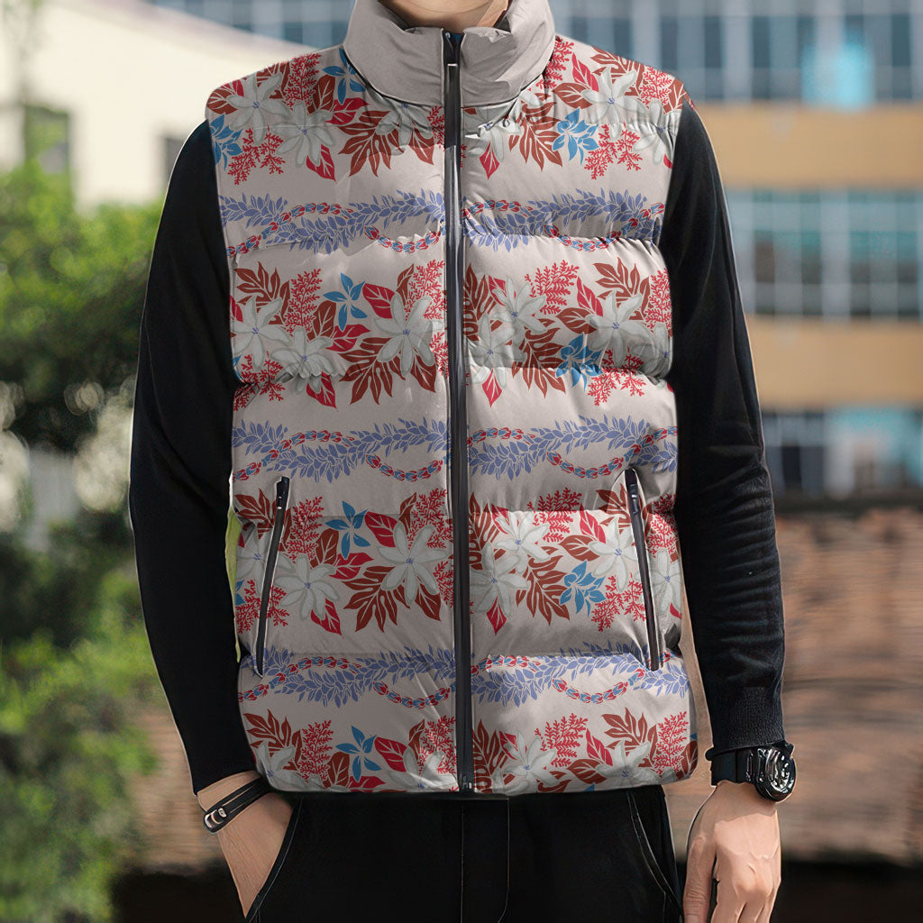 Monstera Tiare Plumeria Lei Pattern Sleeveless Puffer Jacket Red Version