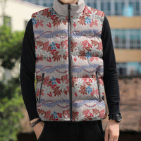 Monstera Tiare Plumeria Lei Pattern Sleeveless Puffer Jacket Red Version