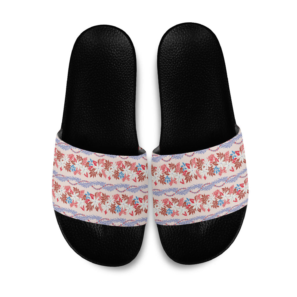 Monstera Tiare Plumeria Lei Pattern Slide Sandals Red Version
