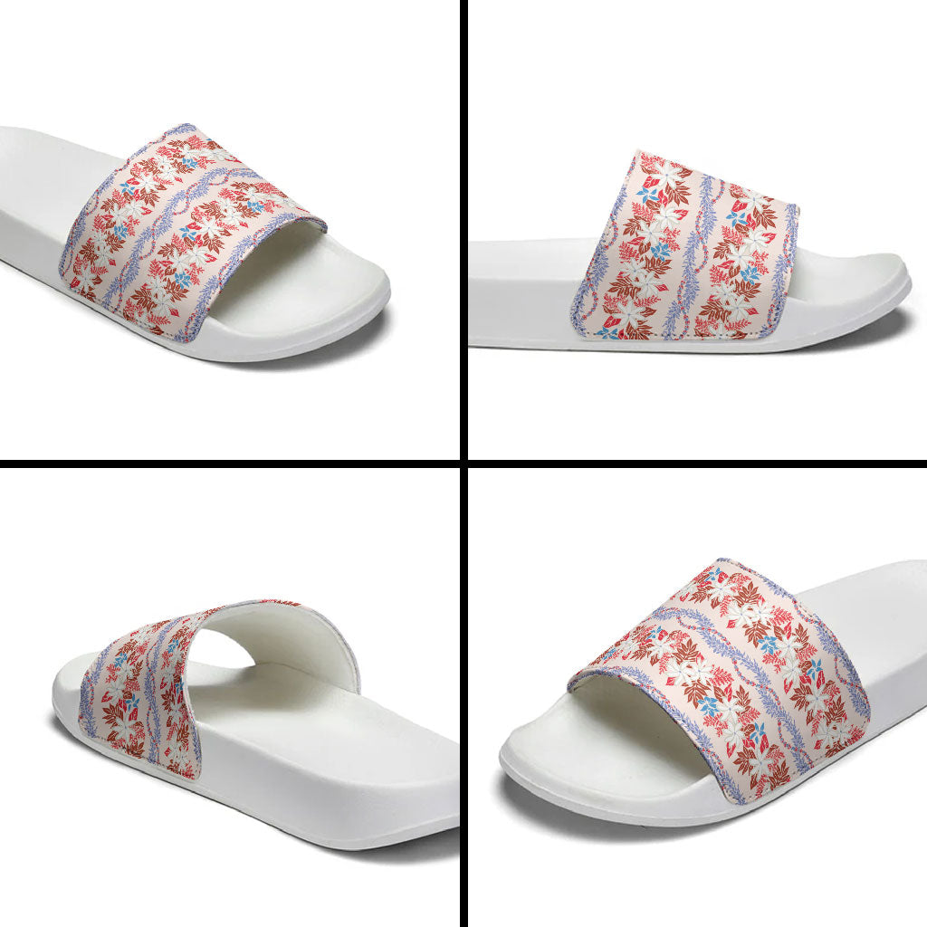 Monstera Tiare Plumeria Lei Pattern Slide Sandals Red Version