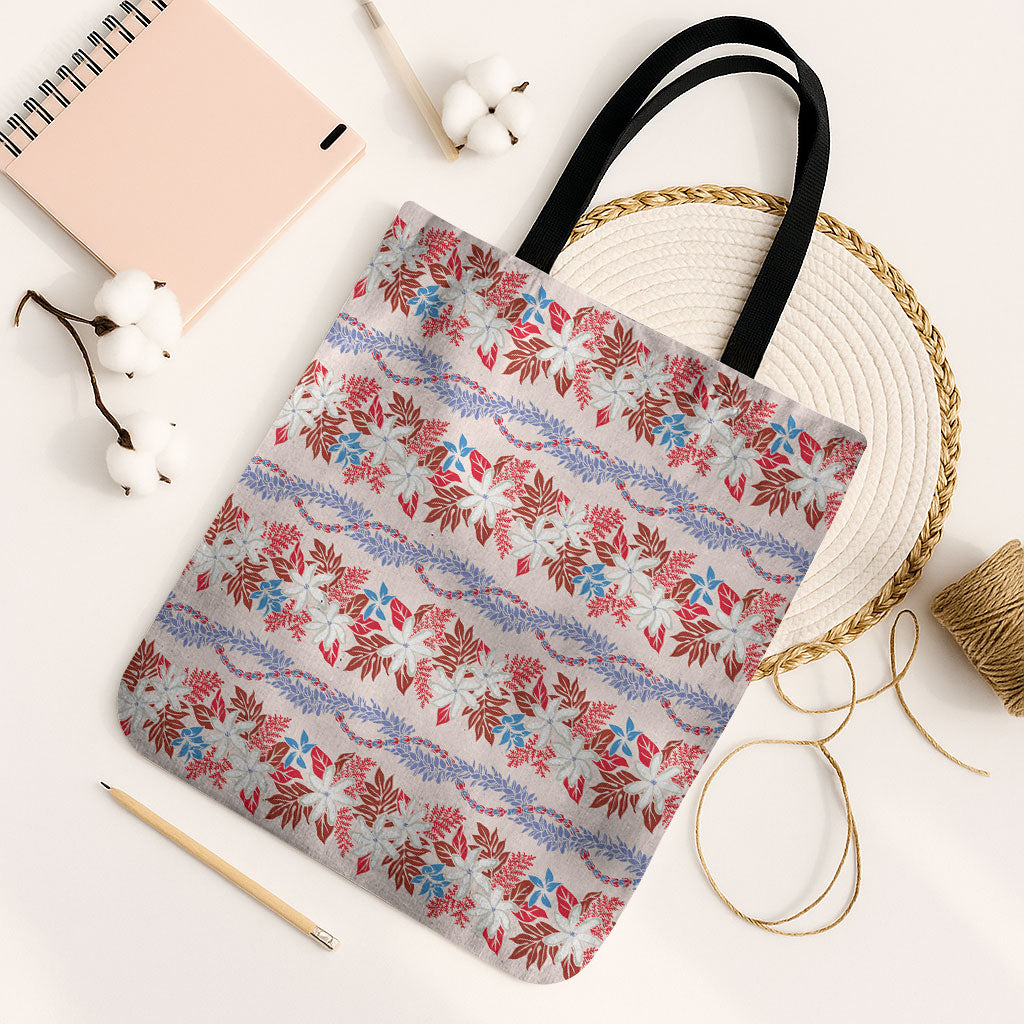 Monstera Tiare Plumeria Lei Pattern Tote Bag Red Version