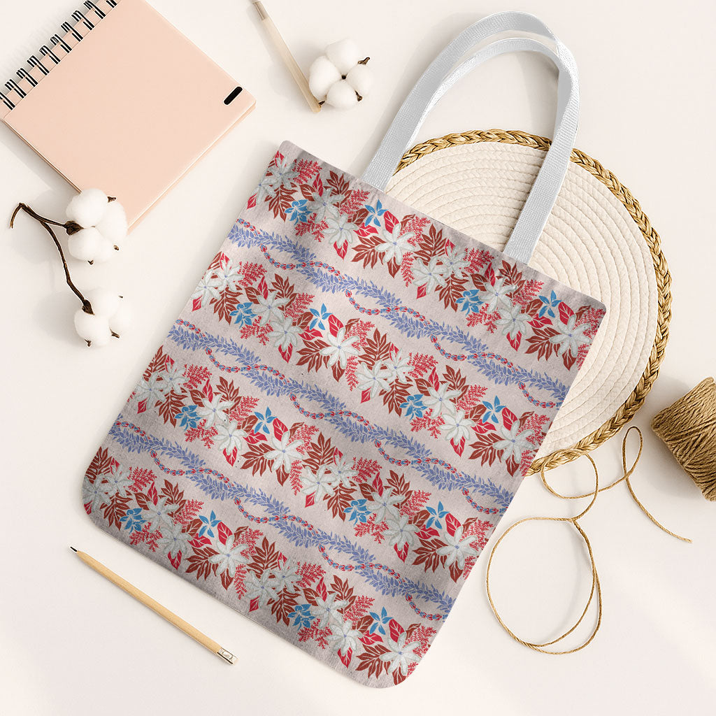Monstera Tiare Plumeria Lei Pattern Tote Bag Red Version