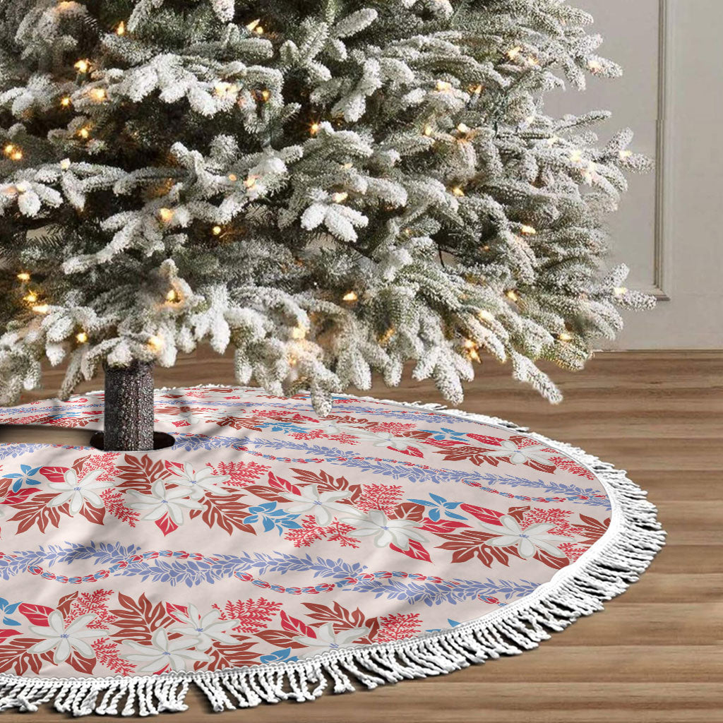 Monstera Tiare Plumeria Lei Pattern Tree Skirt Red Version