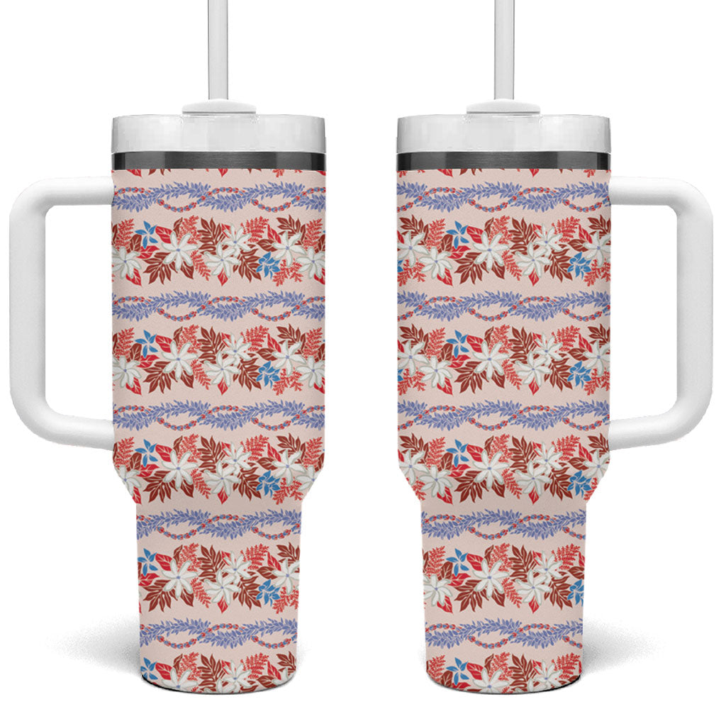 Monstera Tiare Plumeria Lei Pattern Tumbler With Handle Red Version