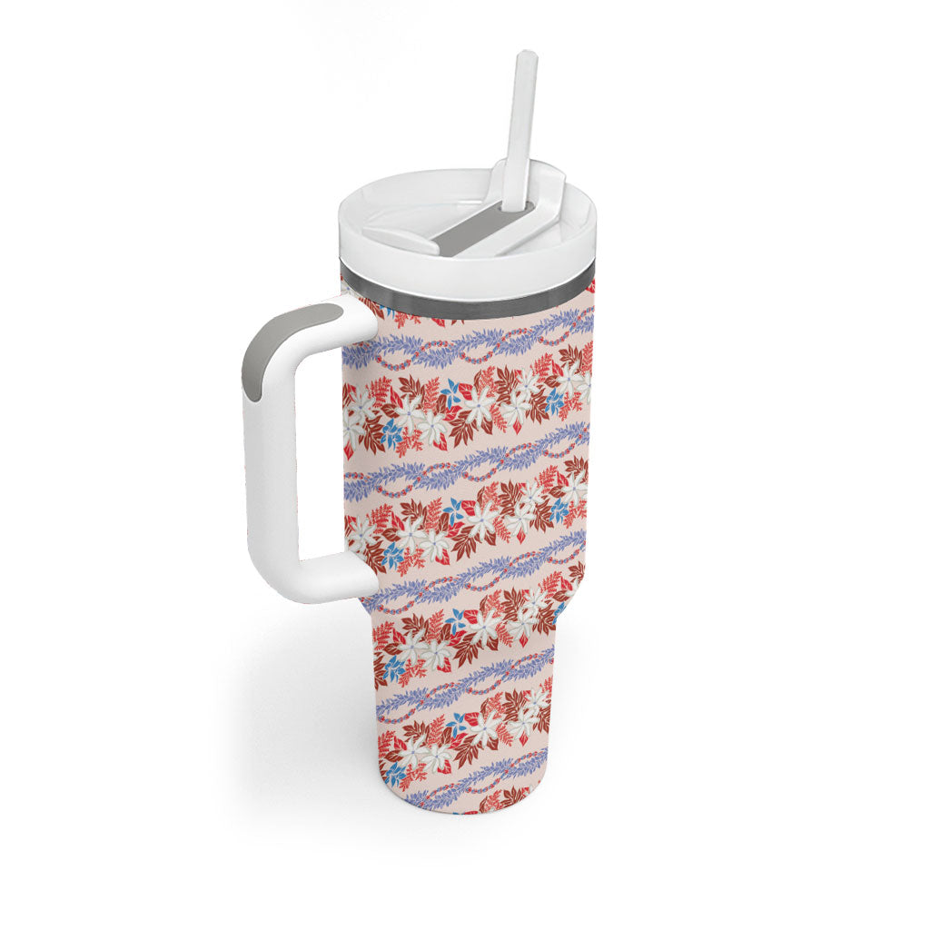 Monstera Tiare Plumeria Lei Pattern Tumbler With Handle Red Version