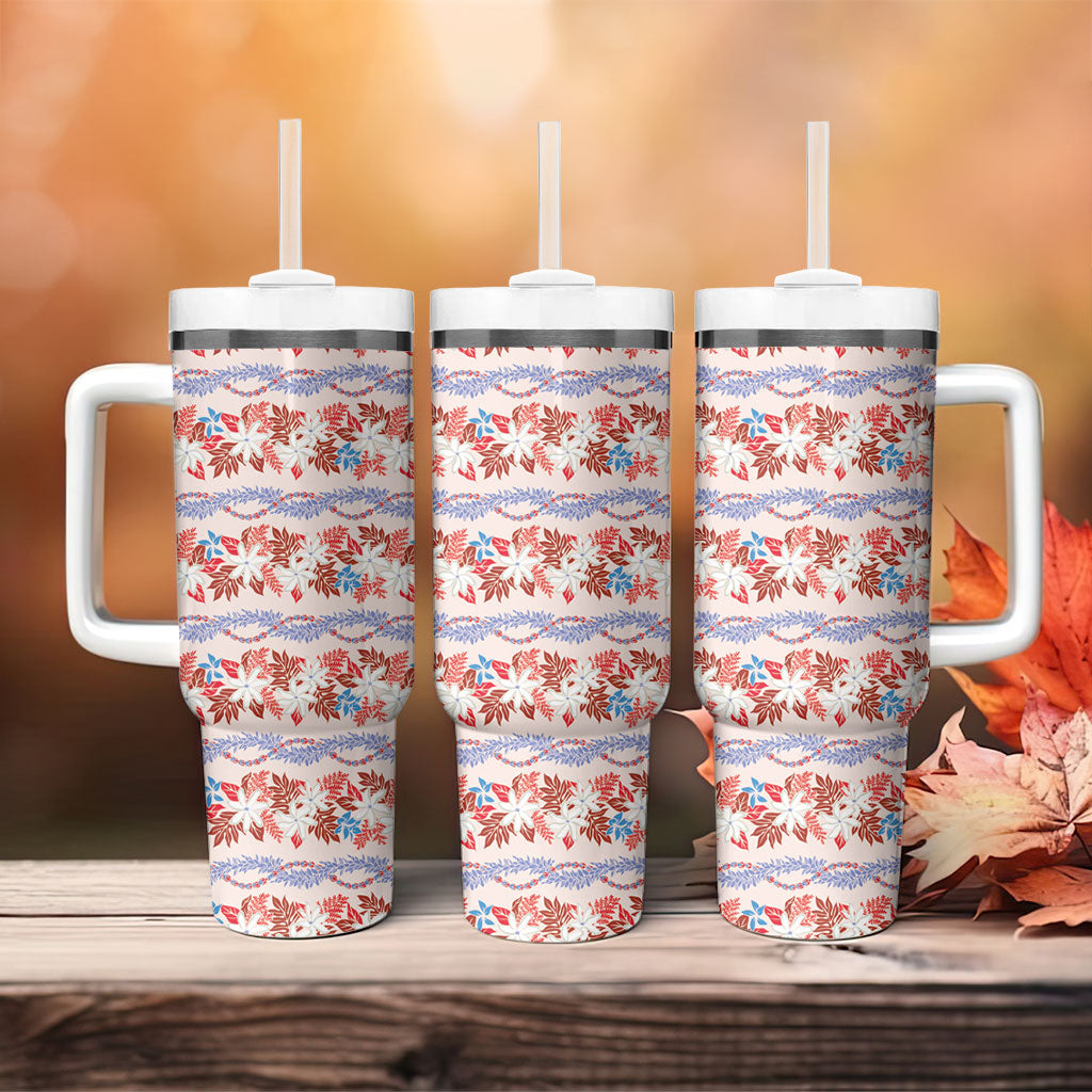 Monstera Tiare Plumeria Lei Pattern Tumbler With Handle Red Version