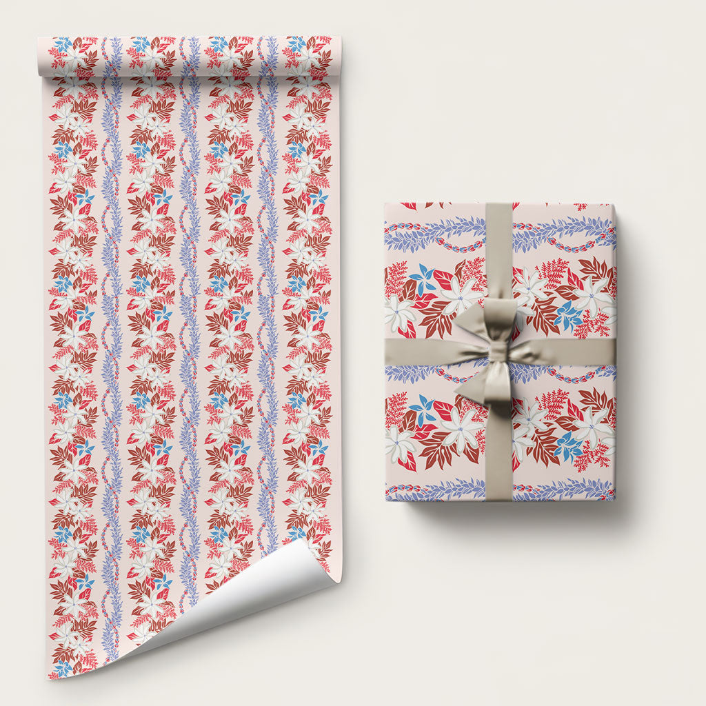 Monstera Tiare Plumeria Lei Pattern Wrapping Paper Red Version
