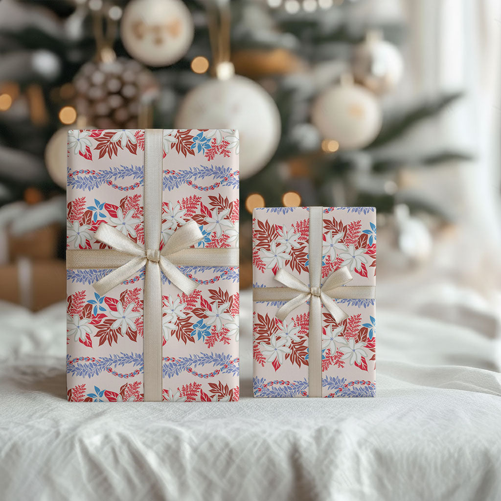 Monstera Tiare Plumeria Lei Pattern Wrapping Paper Red Version