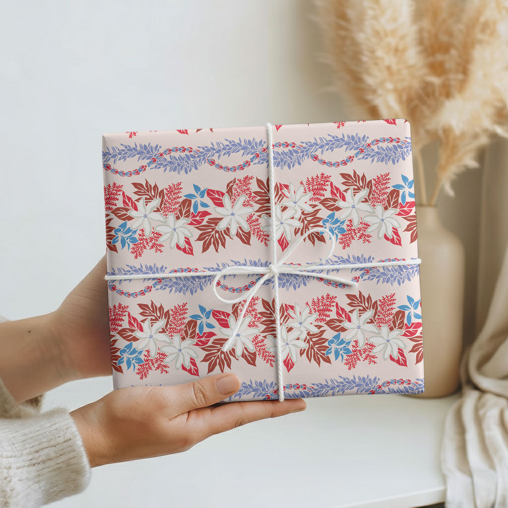 Monstera Tiare Plumeria Lei Pattern Wrapping Paper Red Version