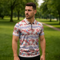 Monstera Tiare Plumeria Lei Pattern Zipper Polo Shirt Red Version