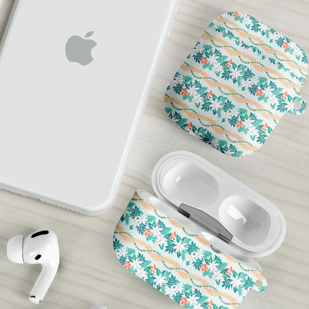 Monstera Tiare Plumeria Lei Pattern AirPods Case Teal Version