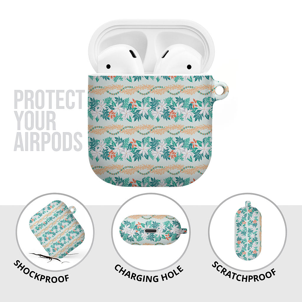 Monstera Tiare Plumeria Lei Pattern AirPods Case Teal Version