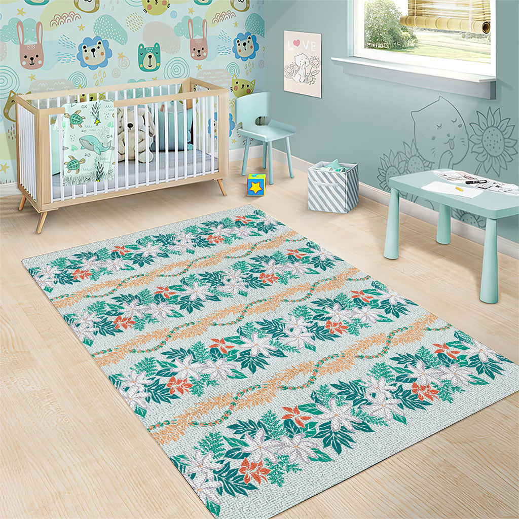 Monstera Tiare Plumeria Lei Pattern Area Rug Teal Version