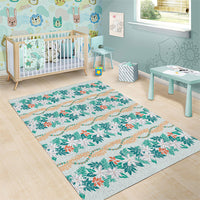 Monstera Tiare Plumeria Lei Pattern Area Rug Teal Version