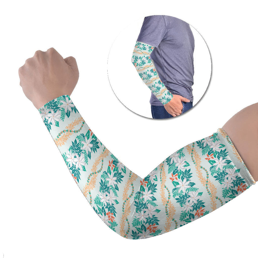 Monstera Tiare Plumeria Lei Pattern Arm Sleeves Teal Version LT01 Set of 2 Teal - Polynesian Pride