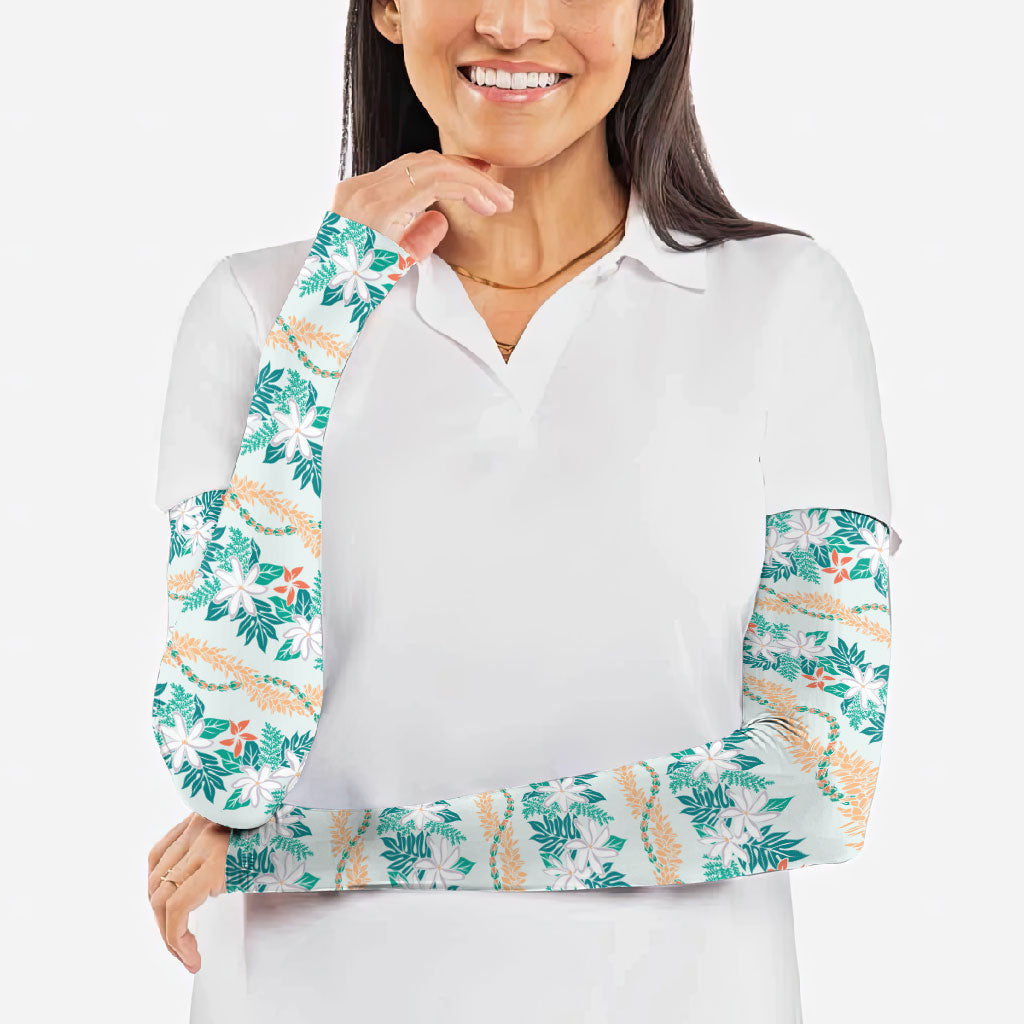Monstera Tiare Plumeria Lei Pattern Arm Sleeves Teal Version