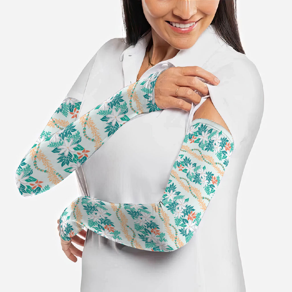 Monstera Tiare Plumeria Lei Pattern Arm Sleeves Teal Version
