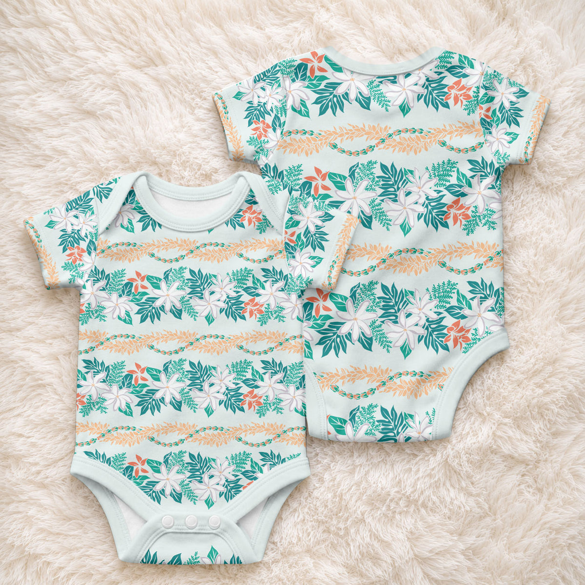 Monstera Tiare Plumeria Lei Pattern Baby Onesie Teal Version